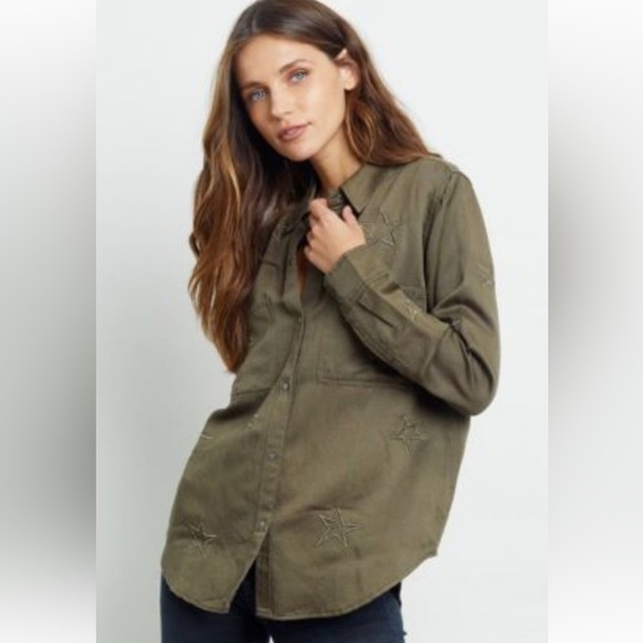 Rails Linen Marcel Sage with Stars Shirt Jacket Long Sleeve Button Down Green S - Picture 11 of 12